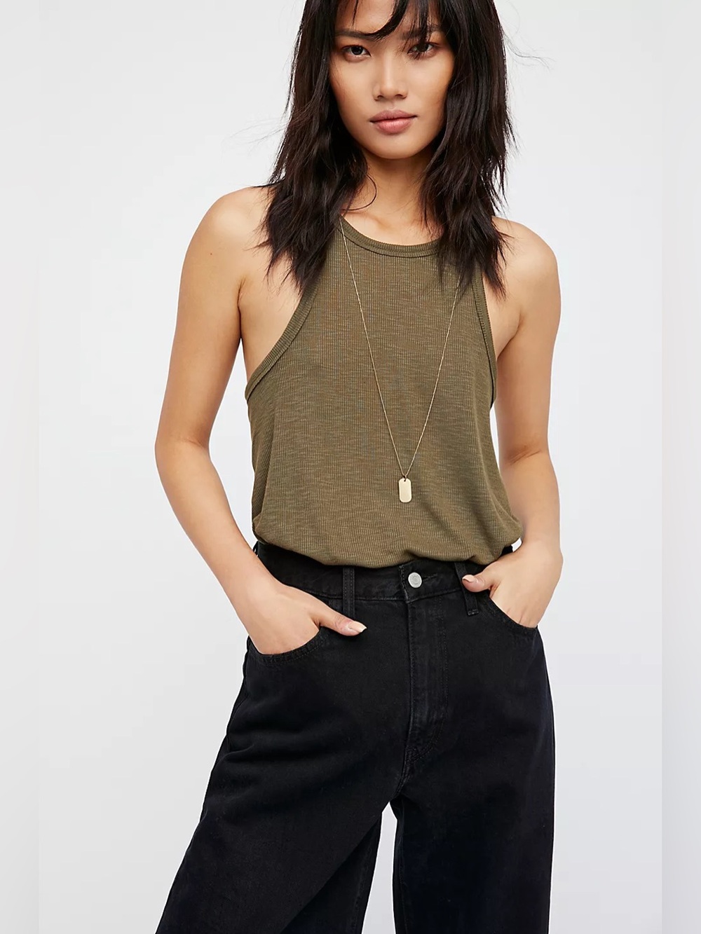 Free People Intimately Long Beach Ribbed Racer Back Tank in Army green Size M